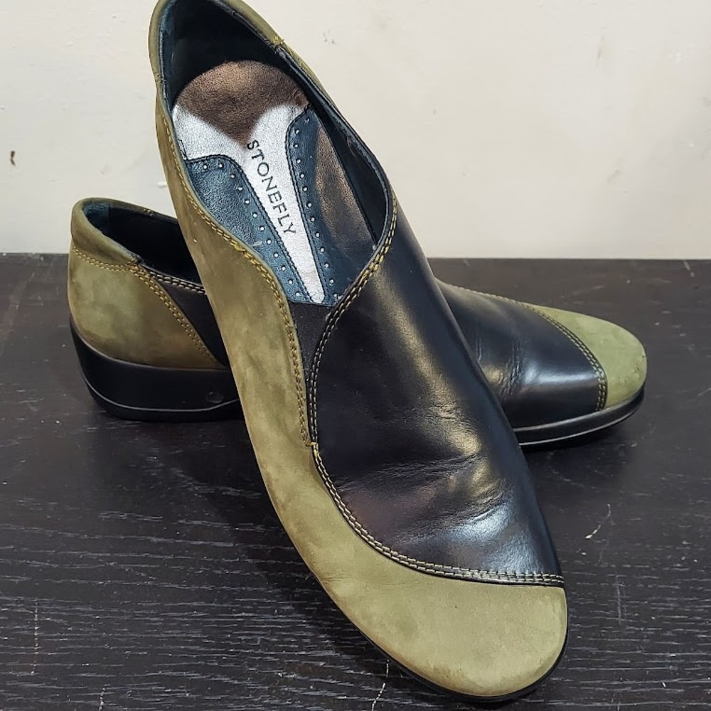 Stonefly Olive Green Black Leather Nubuck Wedge Slip On Loafers‎ EU 41 Shock Air